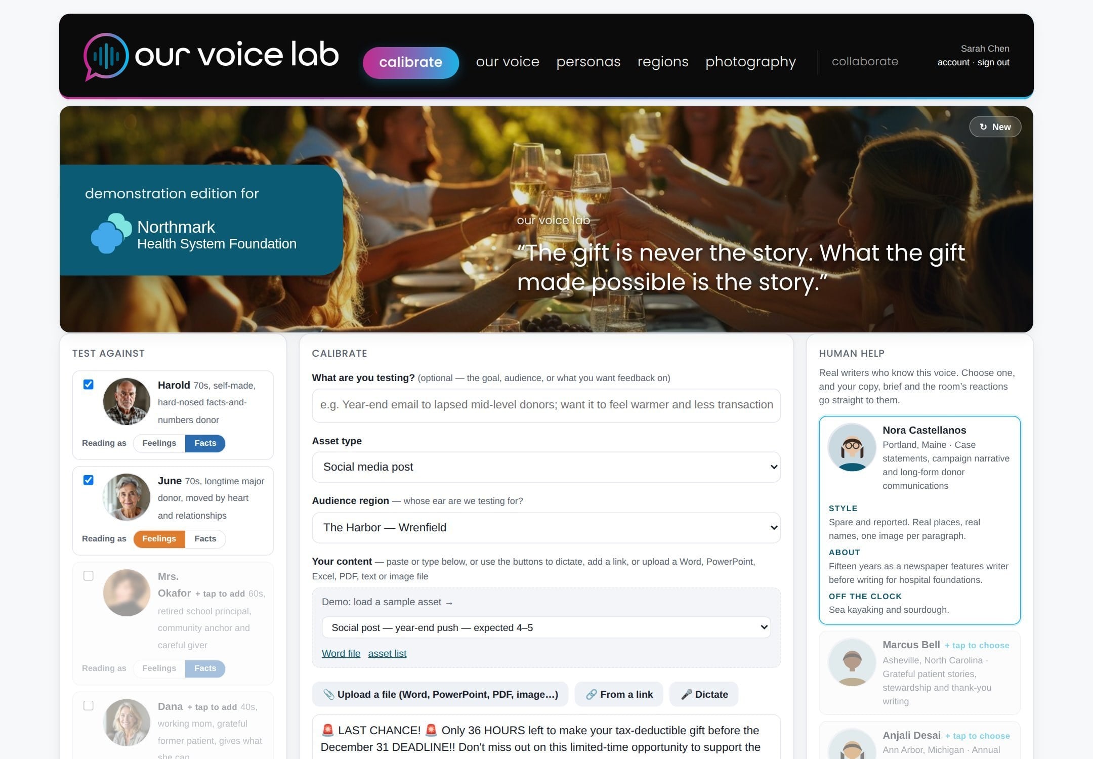 Our Voice Lab: Test against donor personas, Calibrate your copy, and Human Help